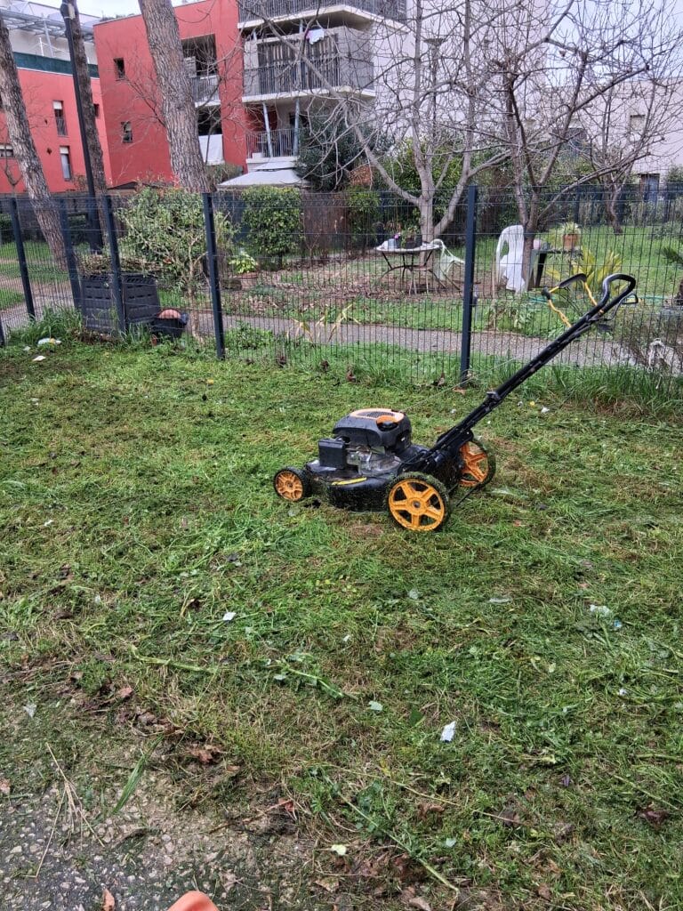 Tondeuse à Gazon sur Pelouse Tondue | Entretien Jardin Tondeuse à gazon noire et orange sur une pelouse verte fraîchement tondue. Clôture, arbres et bâtiments résidentiels en arrière-plan.