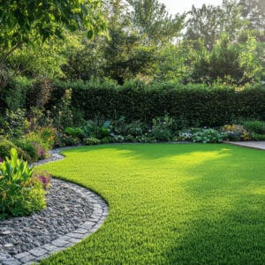 Jardin paysager verdoyant avec pelouse artificielle brillante, chemin courbé en pierres et parterre fleuri luxuriant sous le soleil.