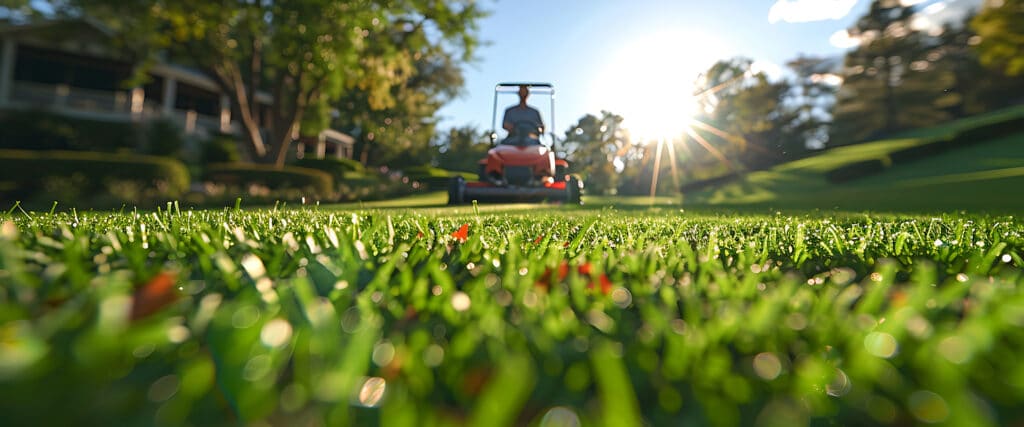 Pelouse verte impeccable en gros plan, avec gouttes de rosée. Un homme tond l'herbe sur une autoportée sous un soleil éclatant.