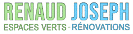 Logo Renaud Joseph vert et bleu, spécialisé en Espaces Verts et Rénovations.