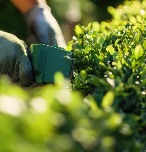 Mains gantées taillant un buisson vert dense avec un petit taille-haie électrique vert, en plein soleil.
